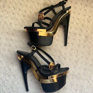 VERSACE Triple Platform Black Gold Medusa Swarovski Crystals Sandals Heels